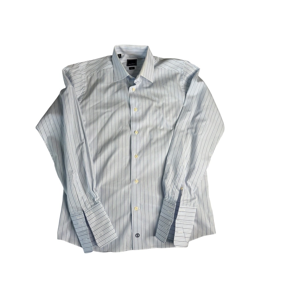 David Donahue Striped Dress Shirt French Cuff Cotton Formal Blue 16 34/35